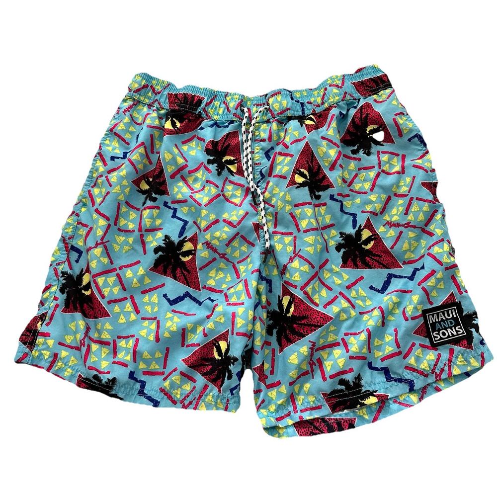 Maui and Sons Mens Swim Trunks Shorts Palm Tree Print 80s Retro Size Large Blue